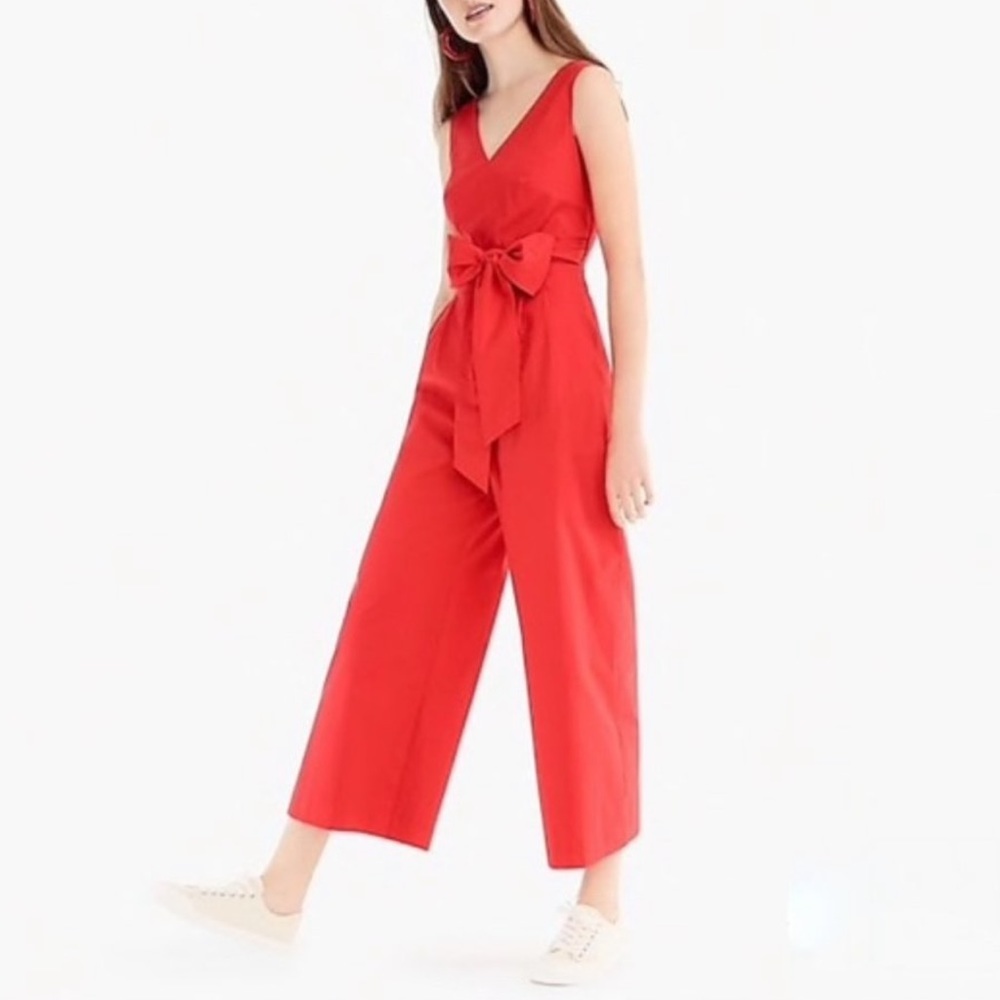 J. Crew Red Stretch Poplin Jumpsuit 10 Preowned casual brunch special occasion